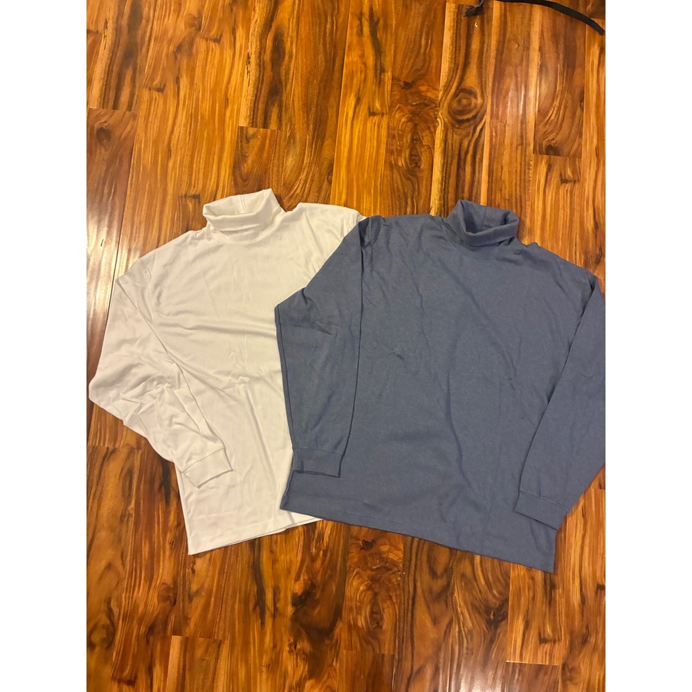 LL Bean Mens XL Turtleneck Lot 2 Pack White Blue Long Sleeve Cotton Blend Tops